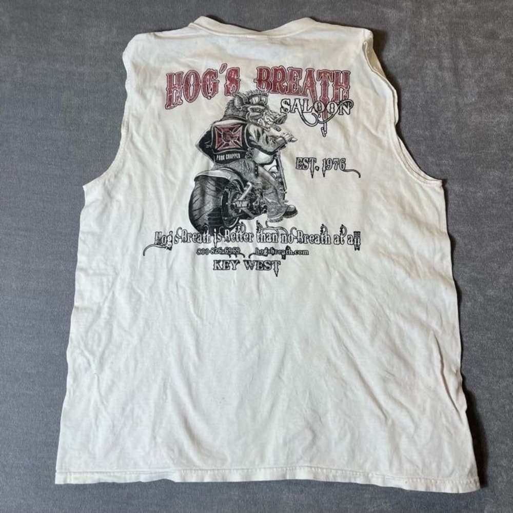 Vintage Hogs Breath Saloon Mens Large Biker Muscle Tee White Key West Graphic